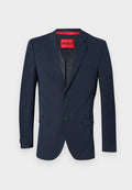 Marineblauer Blazer mit zwei Knöpfen, Reverskragen und einer einzelnen Brusttasche. Verfügt über ein rotes Innenetikett mit dem Logo "HUGO". Glatte Textur.