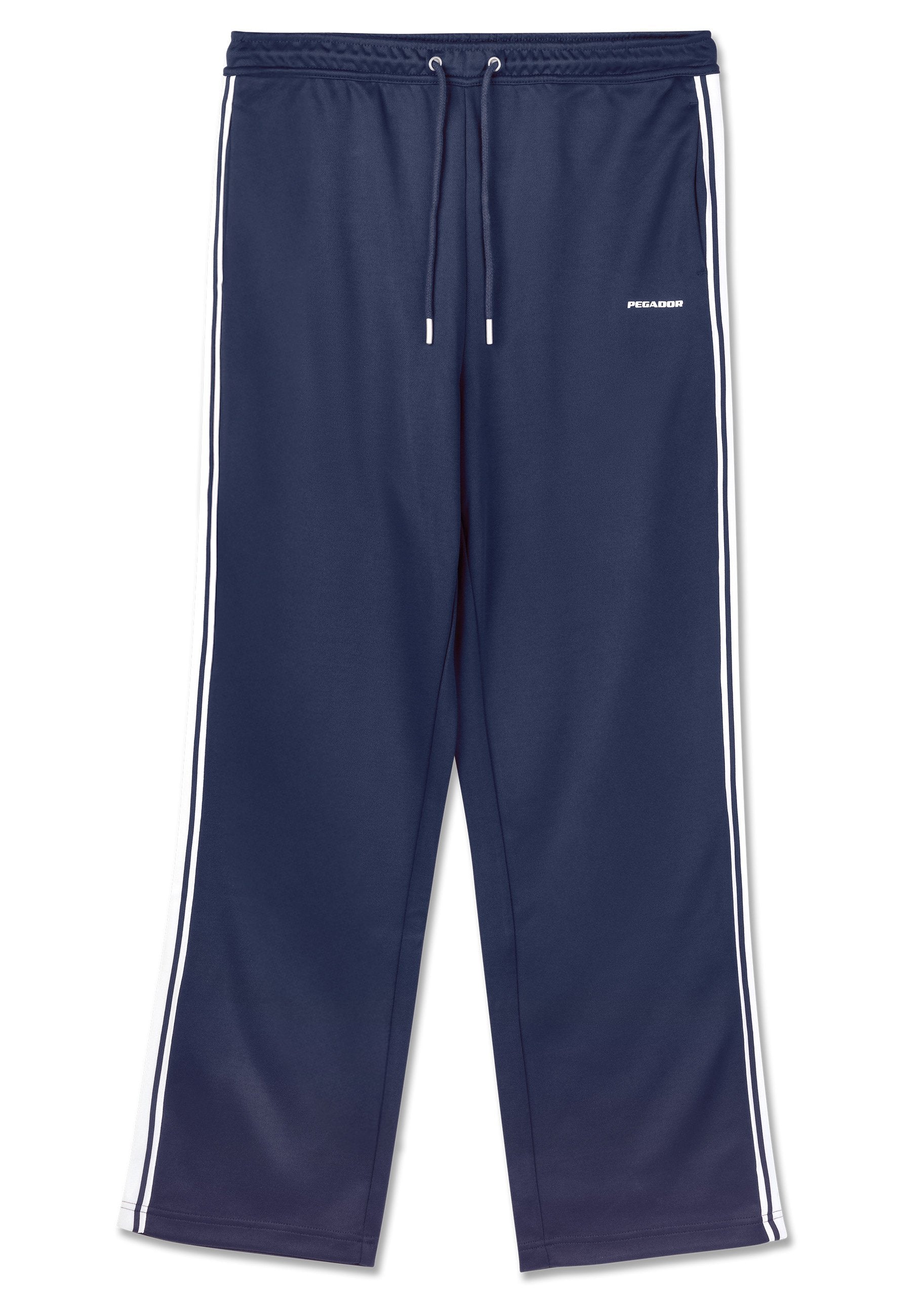 Navy Sweatpants mit einem Kordelzugbund, ausgestattet mit weißen Seitenstreifen und einem kleinen Logo auf der Vorderseite. Glatte Textur und lockerer Schnitt.
