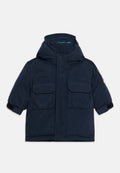 Marineblaue Kapuzenjacke aus strapazierfähigem Material, mit einem Frontreißverschluss, zwei Brusttaschen und verstellbaren Ärmelbündchen mit Klettverschluss.