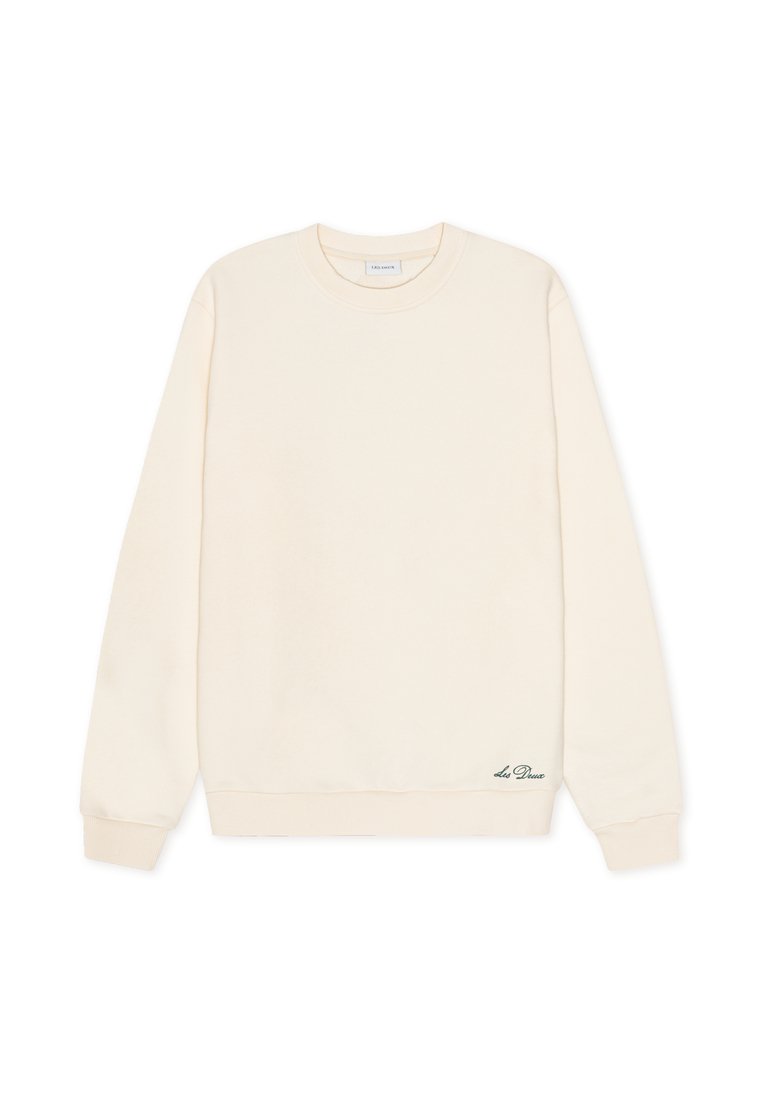 Cremefarbener Pullover aus weichem Material. Verfügt über einen runden Halsausschnitt, lange Ärmel und ein dezentes Logodetail am Saum.
