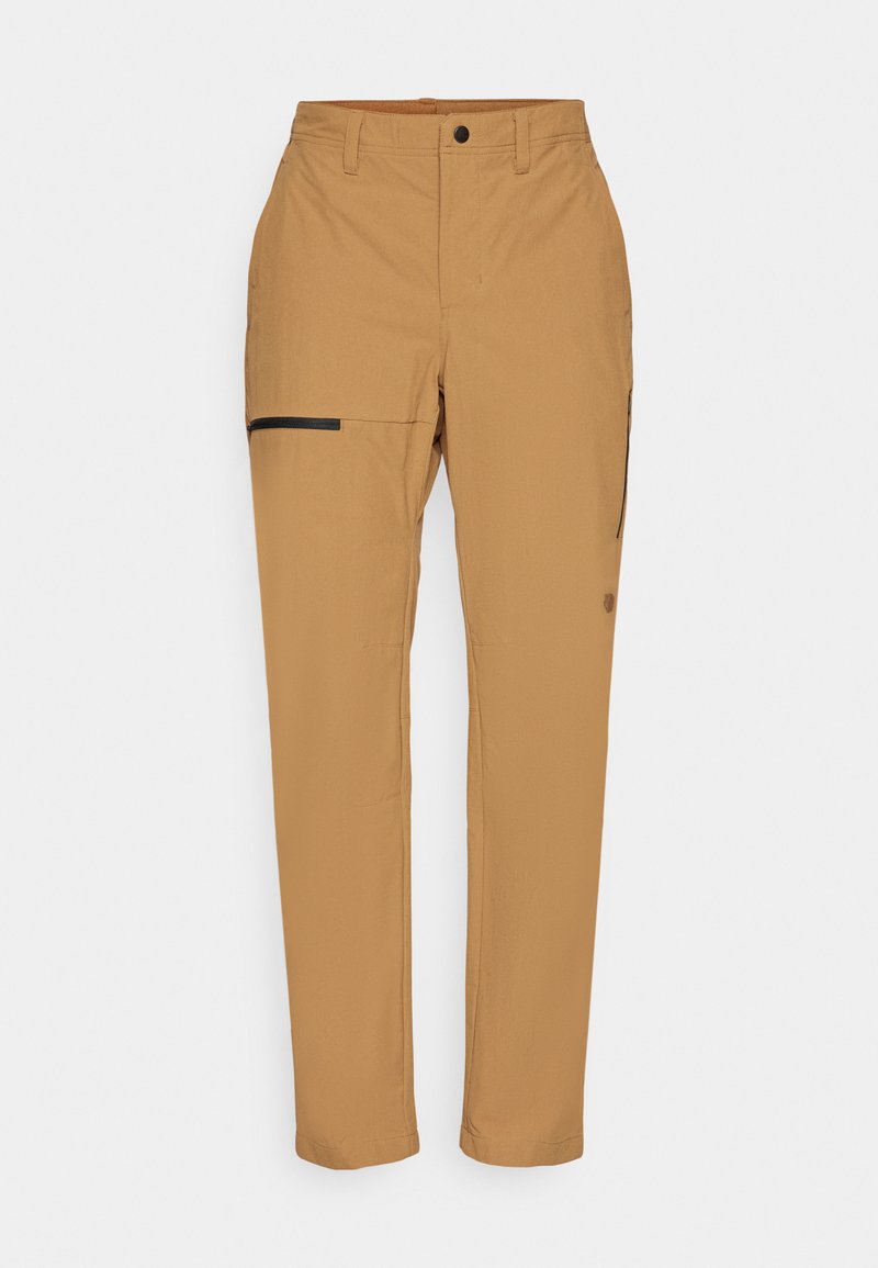 Tansfarbene Cargo-Hose aus leichtem Material mit geradem Bein, ausgestattet mit einer schwarzen Reißverschlusstasche am Oberschenkel und einem Knopfverschluss.