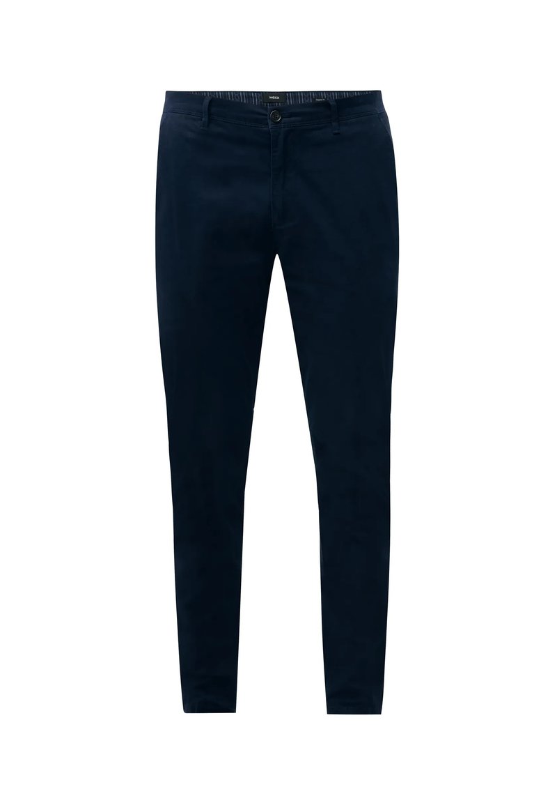 Schlanke, navyblaue Chinos aus Baumwollmischung, mit einem vorderen Knopfverschluss, Gürtelschlaufen und Seitentaschen mit glatter Textur.