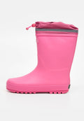 Rosa Gummistiefel mit Stoffmanschette und verstellbarem Kordelzug am oberen Rand, ausgestattet mit einem reflektierenden Streifen und profiliertem Boden.
