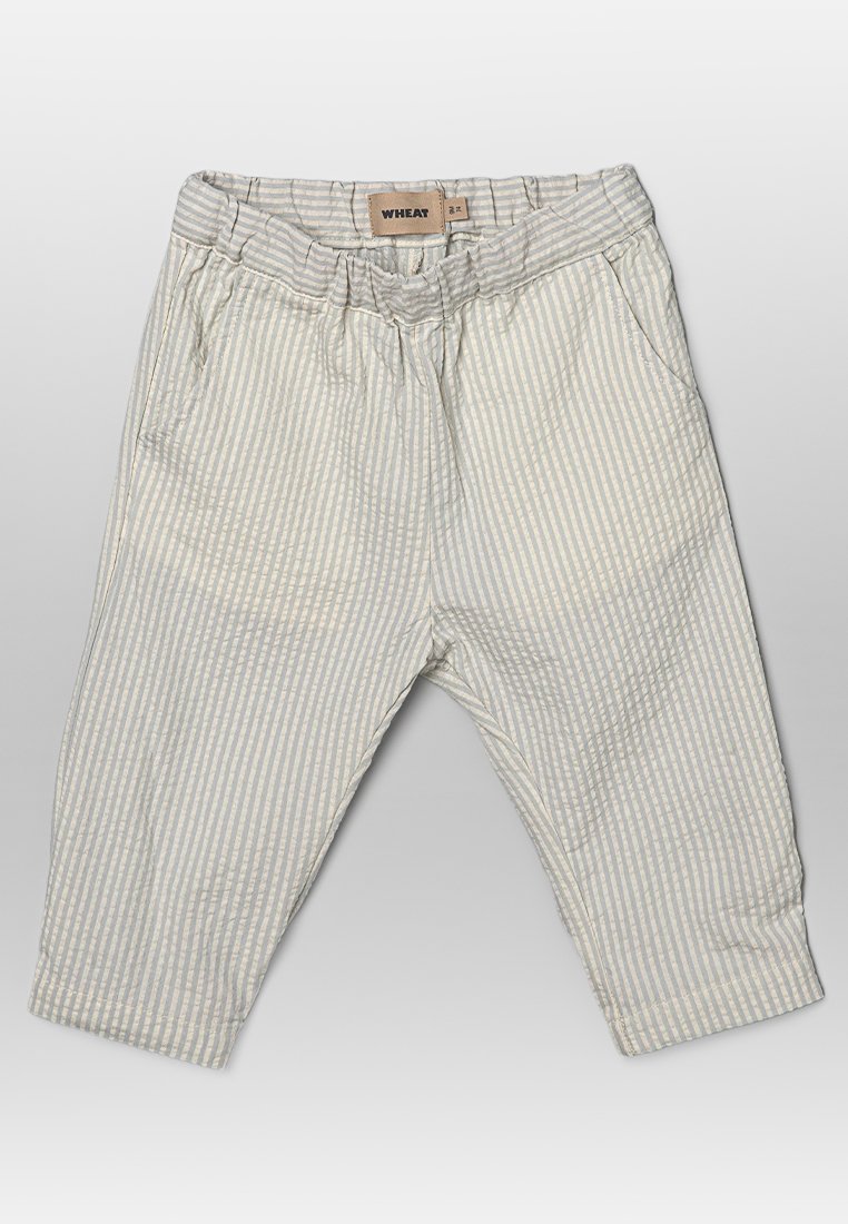 Gestreifte beige und hellgraue Kinderhose mit elastischem Bund, seitlichen Taschen und lockerer Passform. Hergestellt aus leichtem Stoff.