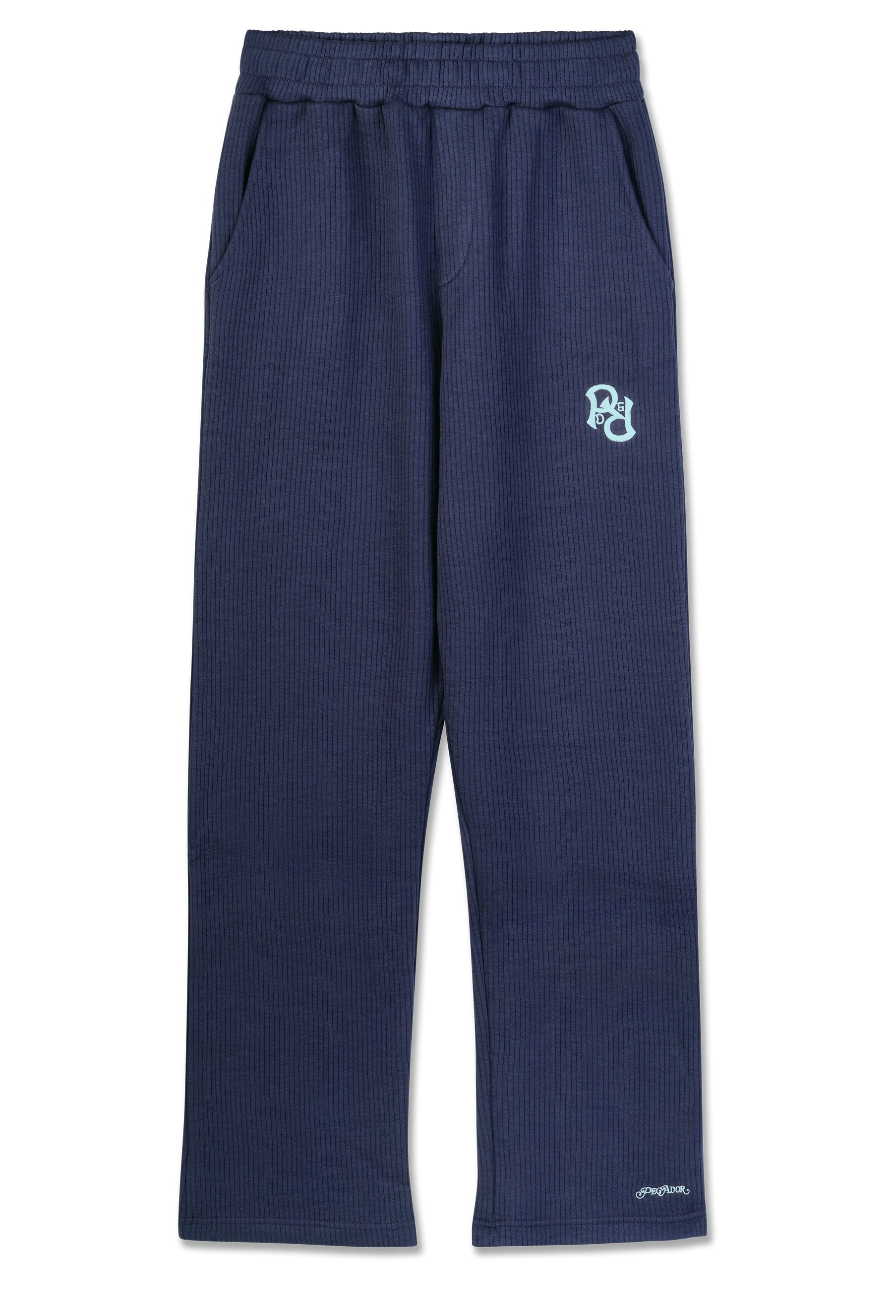 Marineblaue, gerippte Sweatpants mit einem elastischen Bund, seitlichen Taschen und einem hellblauen Logo an der Hüfte. Weiche Stofftextur.