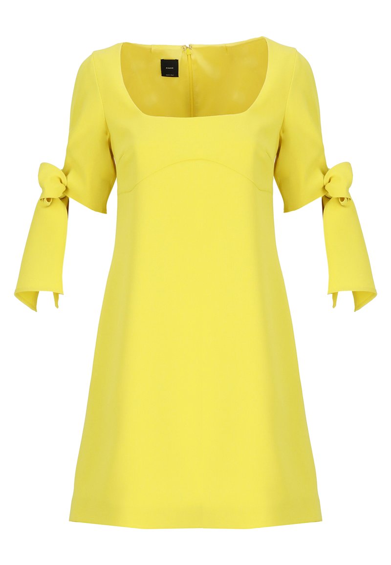 Gelbes kurzes Kleid mit quadratischem Ausschnitt, kurzen Ärmeln mit gebundenen Schleifendetails und einem Reißverschluss auf der Rückseite.