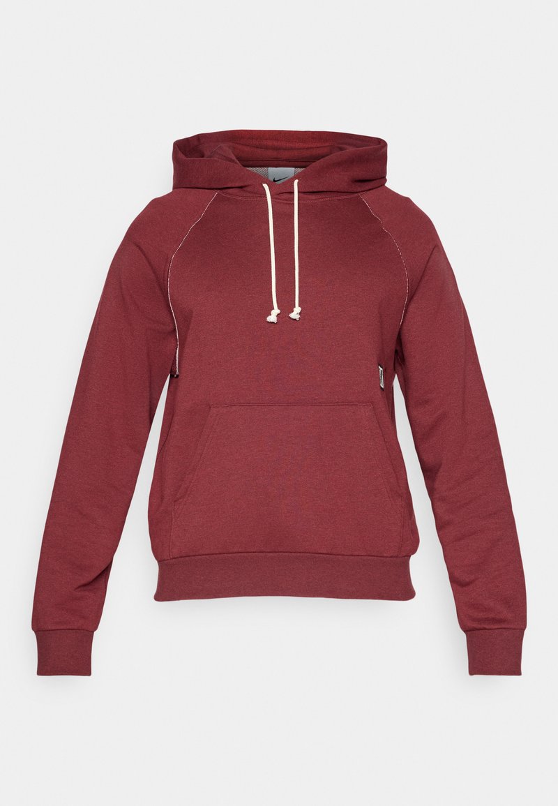 Burgunderfarbene Kapuzenjacke mit einer Fronttasche, weißen Kordeln und Raglanärmeln. Glattes Material mit lockerer Passform und gerippten Bündchen.