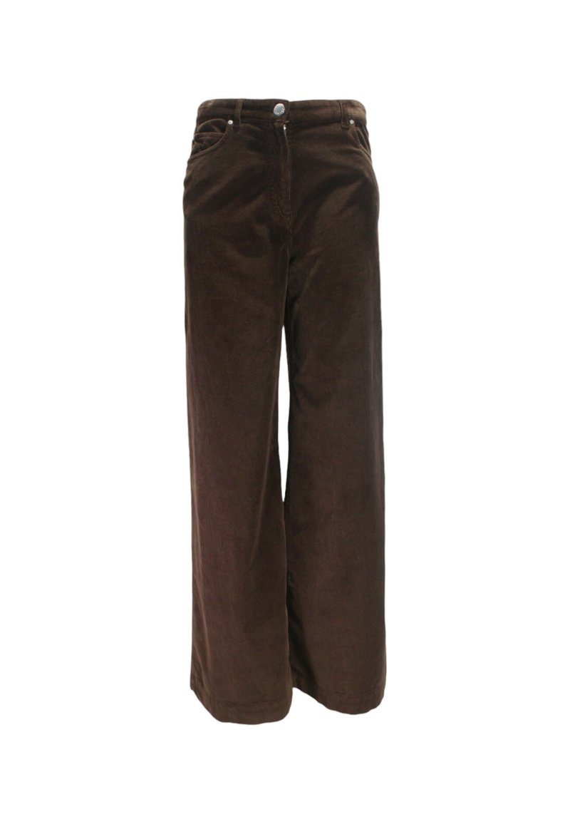 Braune Corduroy-Hosen mit weitem Bein und hoher Taille, ausgestattet mit frontalen Taschen und einem Knopfverschluss. Der strukturierte Stoff sorgt für visuelles Interesse.