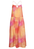 Satin-Midikleid in Orange-, Rosa- und Gelbtönen; mit verstellbaren Spaghettiträgern und einem Schlitz-Ausschnitt, sowie einem gerafften Rock.
