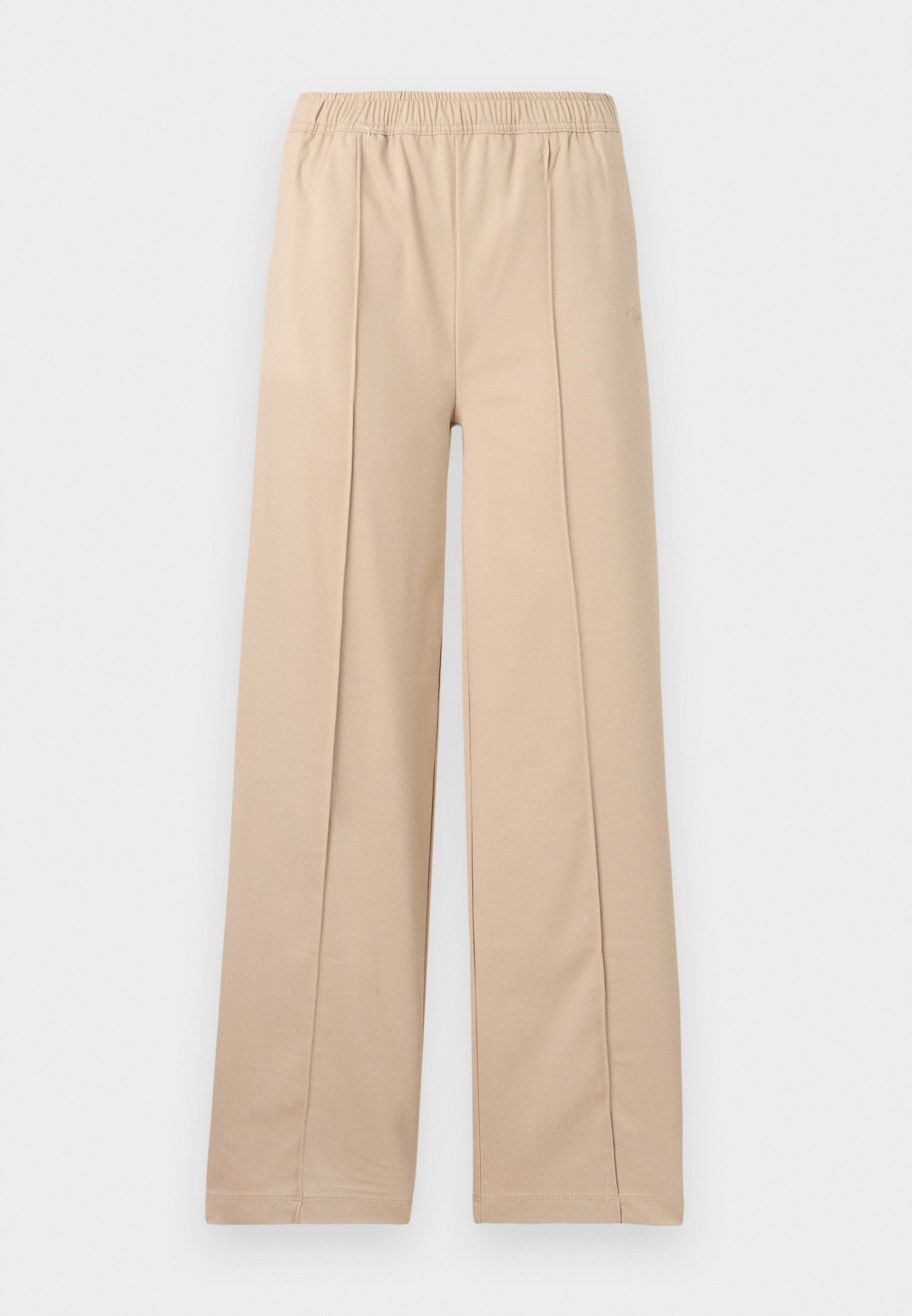 Beige weite Hosen mit elastischem Bund, ausgestattet mit zwei vertikalen Falten, aus weichem Stoff und in einem schlichten Design.