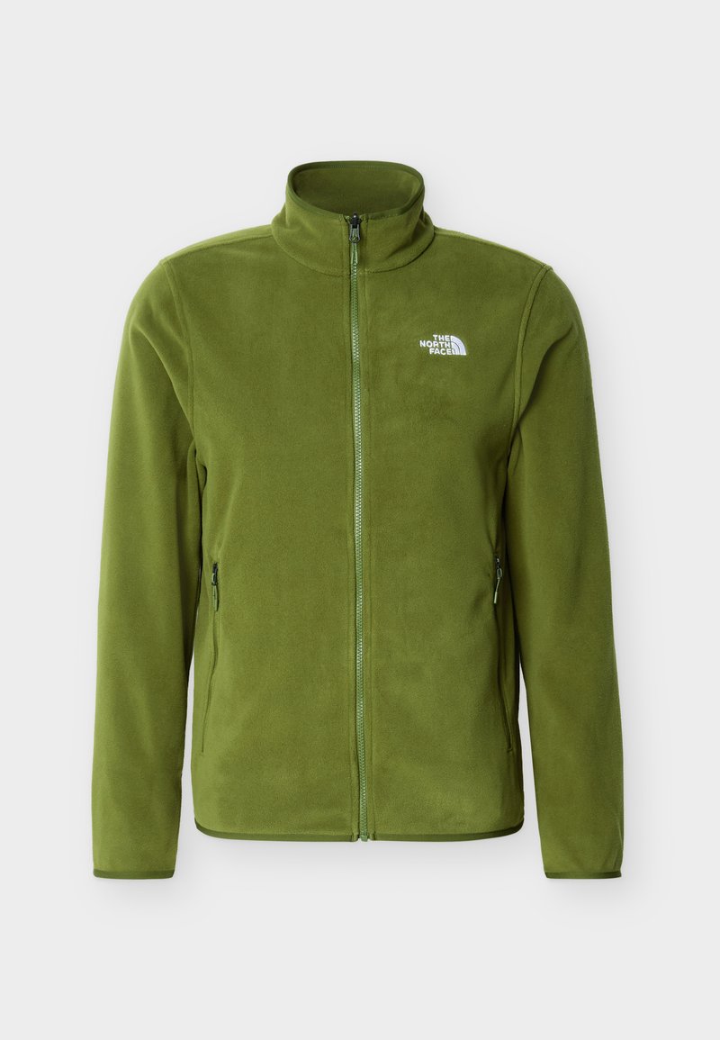 Grüne Fleecejacke mit durchgehendem Frontreißverschluss, hohem Kragen, seitlichen Reißverschlusstaschen und weißem The North Face-Logo auf der linken Brust.