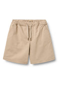 Beige Shorts aus leichtem Stoff. Verfügt über einen elastischen Bund mit Kordelzug, zwei Seitentaschen und ein gerades Bein.