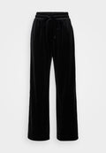 Schwarze Samt-weitgeschnittene Hose mit einem elastischen Bund und Kordelzug, die eine glatte Textur und einen lockeren Schnitt bietet, entworfen für Komfort.