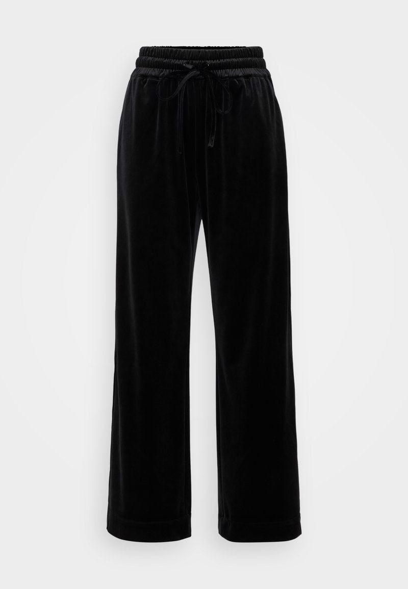 Schwarze Samt-weitgeschnittene Hose mit einem elastischen Bund und Kordelzug, die eine glatte Textur und einen lockeren Schnitt bietet, entworfen für Komfort.