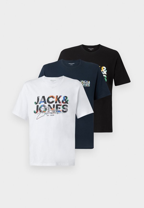 Jack & Jones JJGEPLAS TEE CREW NECK 3 PACK - Print T-shirt - white/dark blue/black