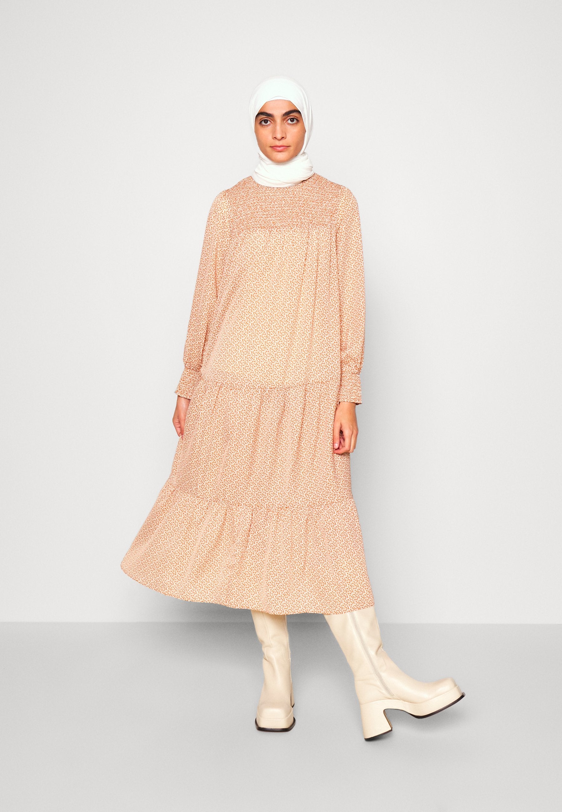 Glamorous MODEST SMOCKED HIGH NECK TIERED DRESS WITH LONG SLEEVES