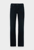 Dunkle Denim-Jeans mit einem geraden Bein, versehen mit tonalen bestickten Patches und einem klassischen Bund mit fünf Taschen.