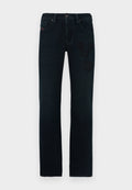 Dunkle Denim-Jeans mit einem geraden Bein, versehen mit tonalen bestickten Patches und einem klassischen Bund mit fünf Taschen.