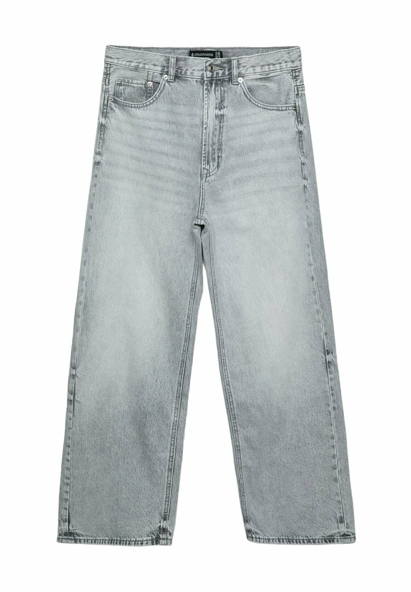 Hellgraue weite Jeans aus Denim mit einem ausgewaschenen Finish. Verfügt über fünf Taschen, einen Knopfverschluss und sichtbare Nähte.