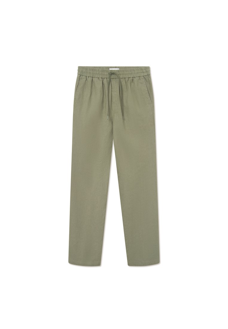 Olivgrüne, leichte Stoffhosen mit einem elastischen Bund, verstellbarem Kordelzug und zwei seitlichen Taschen; im geraden Schnitt.