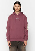 Bordeauxfarbener Hoodie aus Baumwollmischung, mit einer vorderen Kängurutasche, verstellbarem Kapuzenzug und einer Reißverschlusstasche am Ärmel mit Logo-Detail.