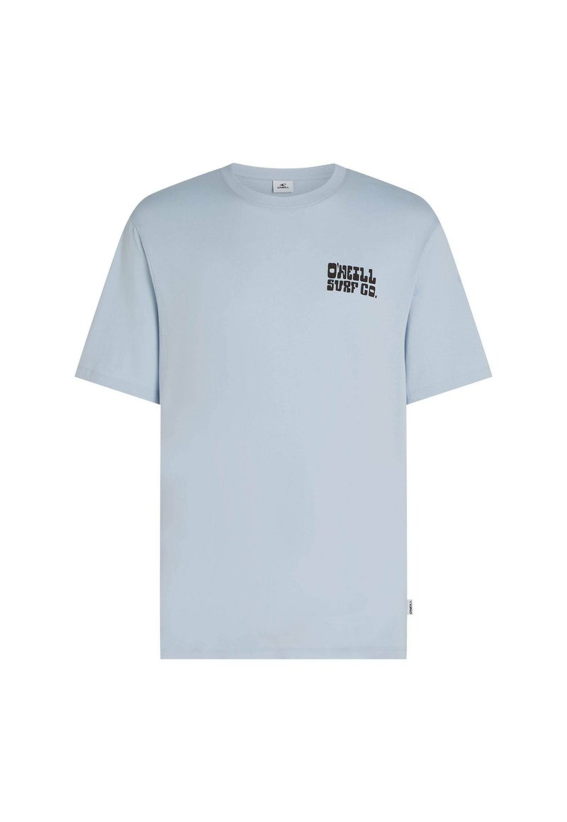 Hellblaues Baumwoll-T-Shirt mit kurzen Ärmeln und Rundhalsausschnitt. Mit einem schwarzen "O'Neill Surf Co."-Logo auf der linken Brustseite.