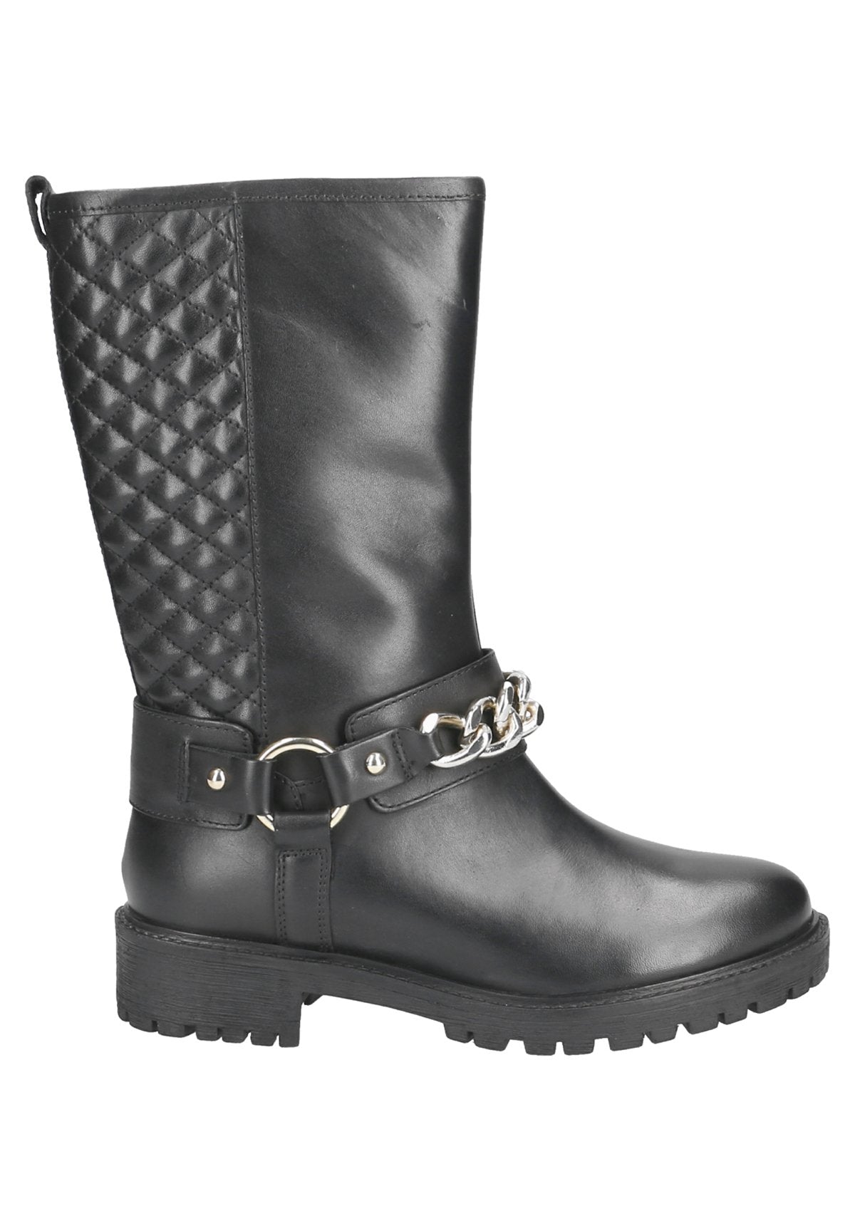 Schwarze Leder-Knöchelstiefel mit gestepptem Einsatz, silberner Kettendetail um den Knöchel, flache Sohle und strukturiertem Gummiaußensohle für guten Halt.