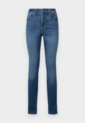Blaue Denim-Jeans mit hoher Taille, schmaler Passform, Fünf-Taschen-Design und leichter Ausbleichung an den Oberschenkeln. Genähte Details in kontrastierender Fadenfarbe.
