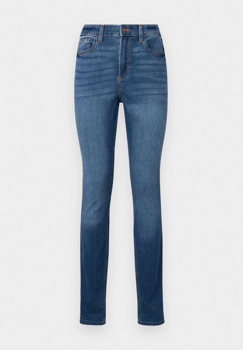 Blaue Denim-Jeans mit hoher Taille, schmaler Passform, Fünf-Taschen-Design und leichter Ausbleichung an den Oberschenkeln. Genähte Details in kontrastierender Fadenfarbe.