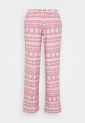 Rosa Pyjamahose mit weißen winterlichen Mustern, darunter Schneeflocken, Herzen, Schleifen und kleine Rehe, mit einem elastischen Bund und einer Schleife.