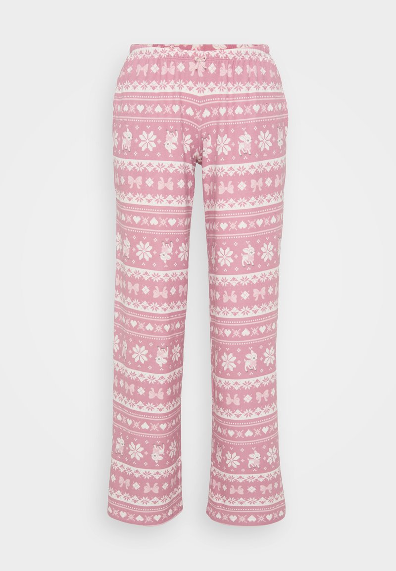 Rosa Pyjamahose mit weißen winterlichen Mustern, darunter Schneeflocken, Herzen, Schleifen und kleine Rehe, mit einem elastischen Bund und einer Schleife.