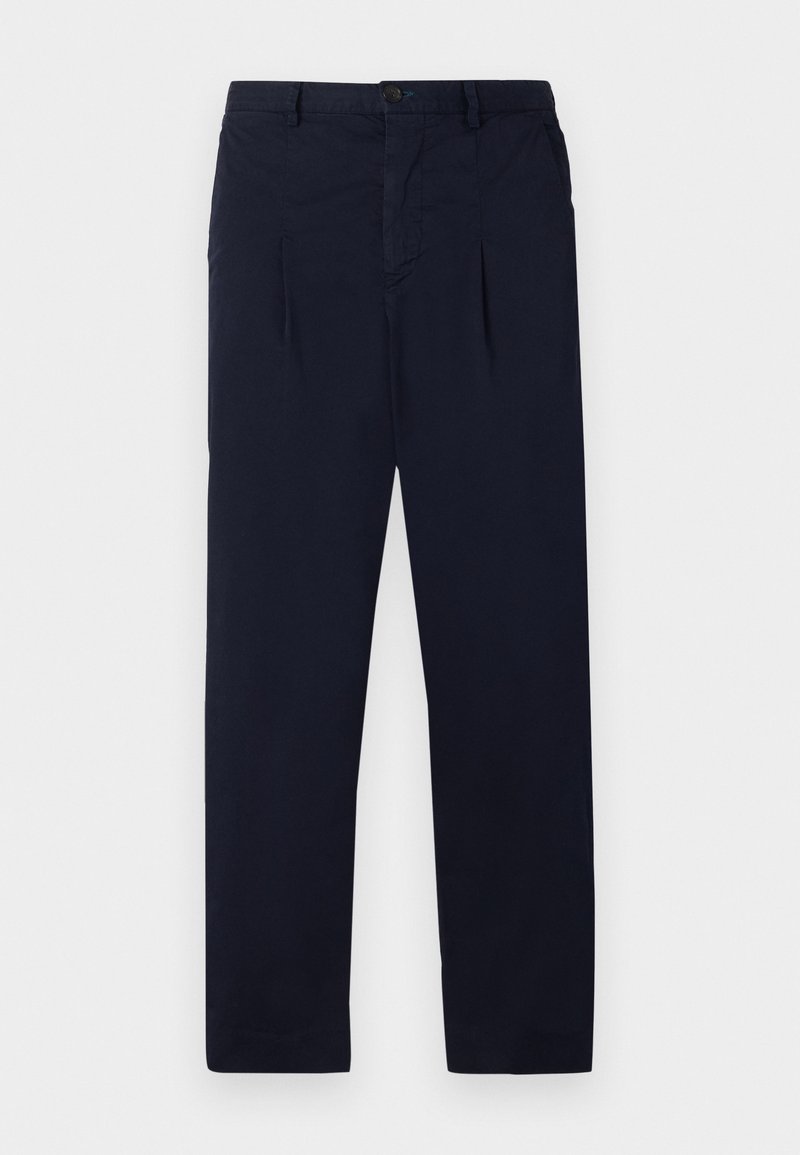 Marineblaue Hose aus leichtem Stoff mit flachem Vorderteil, zwei Falten und einem standardmäßigen Knopfverschluss am Bund.