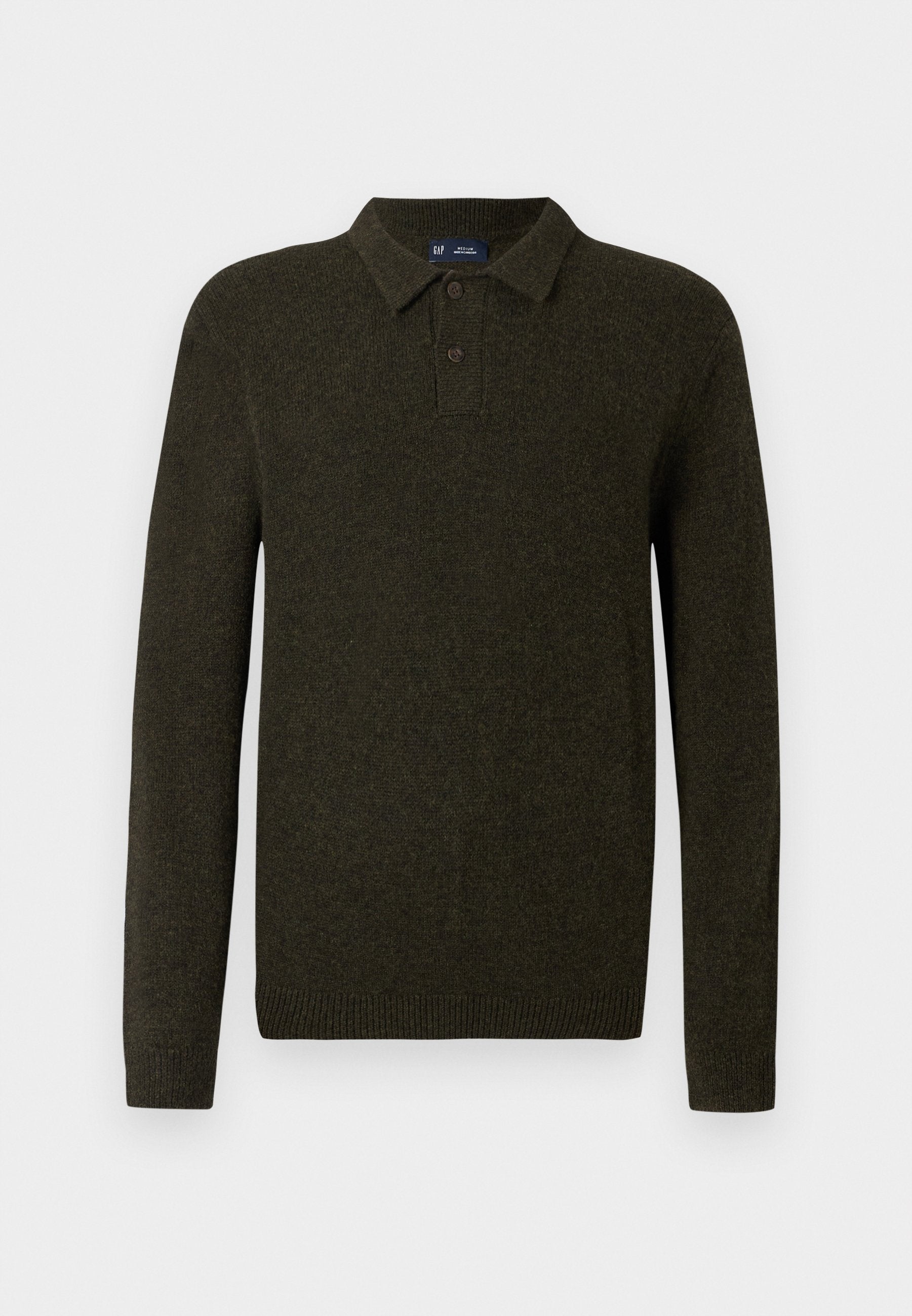 Grüner Langarm-Polo-Pullover mit strukturiertem Finish, zwei-Knopf-Leiste und gerippten Bündchen. Einfaches, klassisches Design, geeignet für legere Freizeitkleidung.