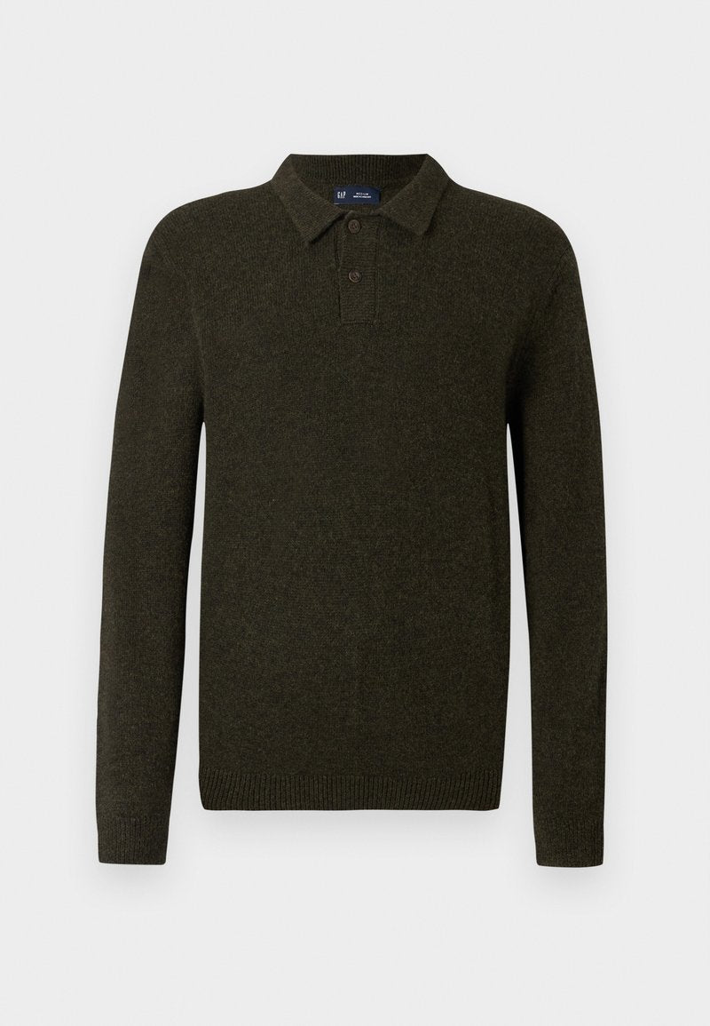 Grüner Langarm-Polo-Pullover mit strukturiertem Finish, zwei-Knopf-Leiste und gerippten Bündchen. Einfaches, klassisches Design, geeignet für legere Freizeitkleidung.