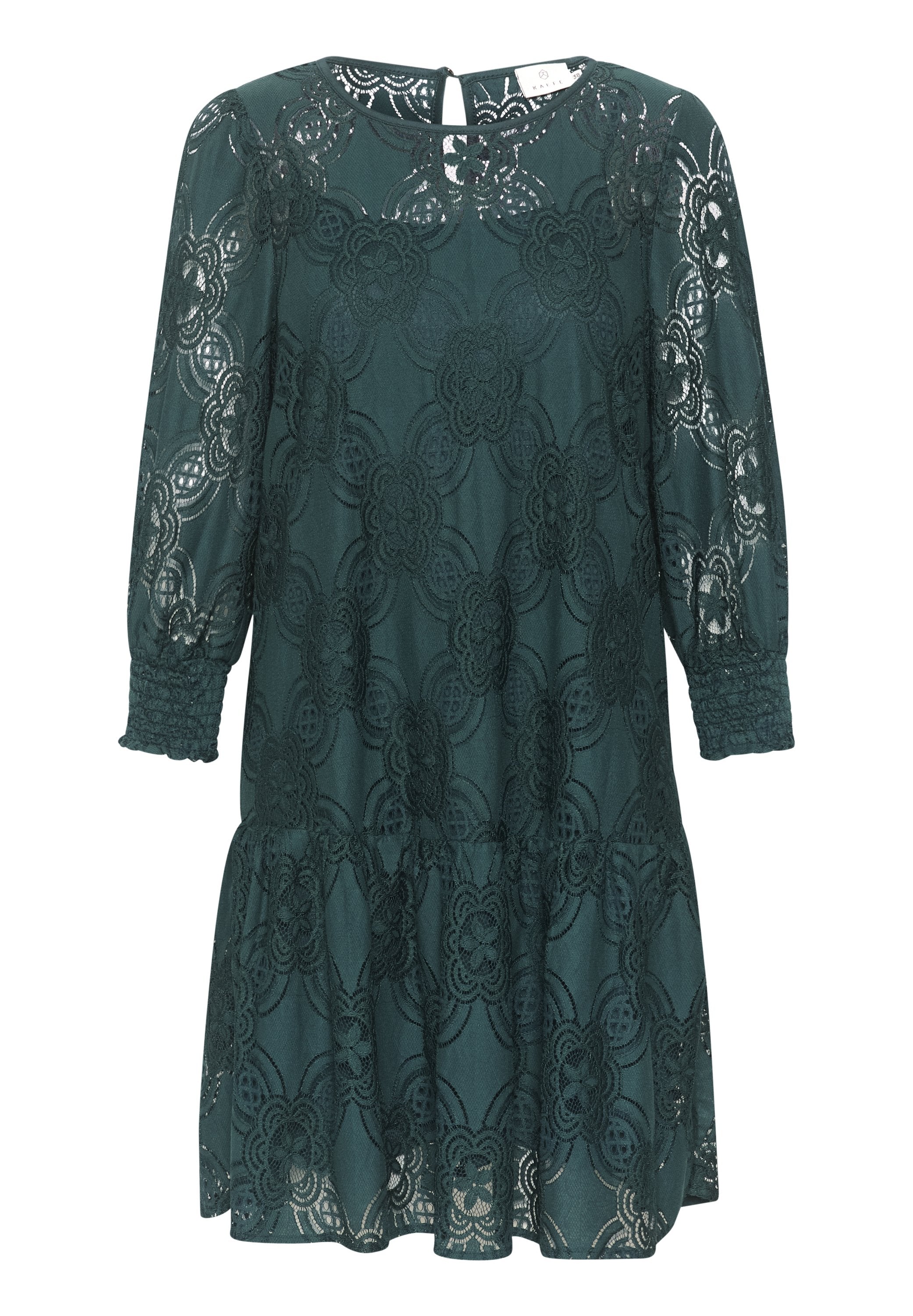 Grünes Spitzenkleid mit langen Ärmeln, floralem Muster, elastischen Manschetten und einem gestuften Rock. Hat einen runden Halsausschnitt und einen Schlüsselverschluss im Rücken.