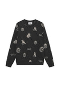Schwarzes Sweatshirt mit einem sich wiederholenden Muster von Yale Bulldoggen Grafiken und Text-Highlights in Beige. Rundhalsausschnitt und gerippte Bündchen.