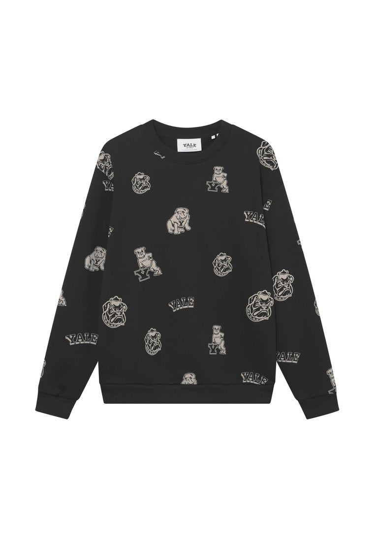 Schwarzes Sweatshirt mit einem sich wiederholenden Muster von Yale Bulldoggen Grafiken und Text-Highlights in Beige. Rundhalsausschnitt und gerippte Bündchen.