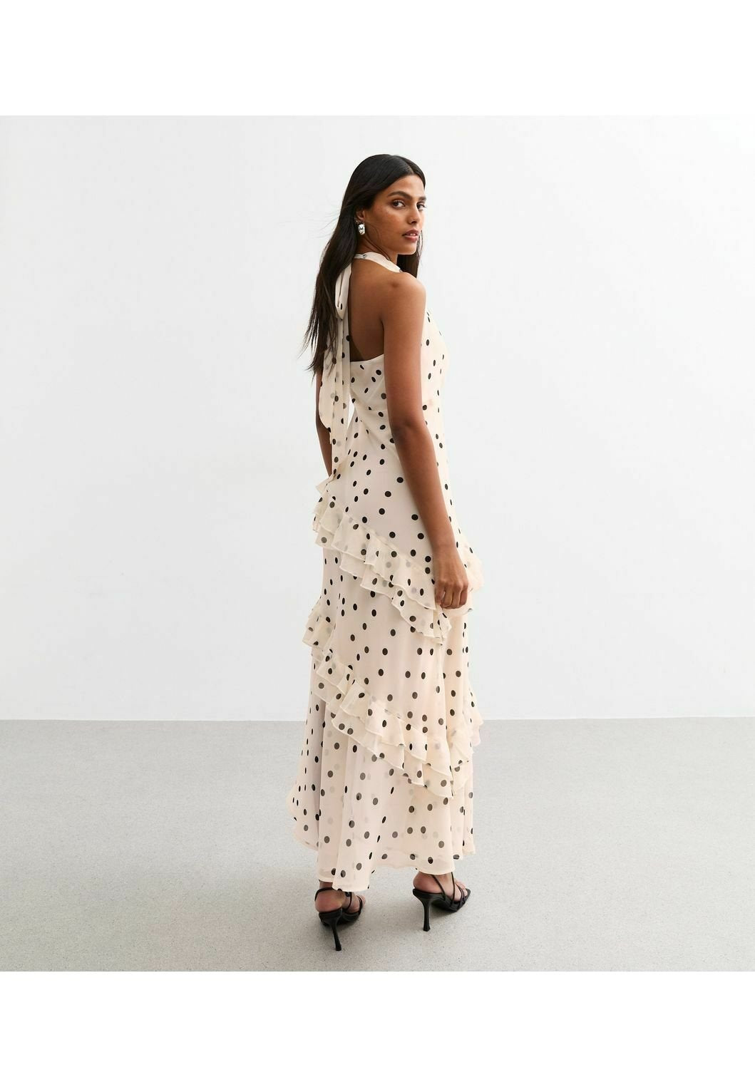 New Look OFF WHITE POLKA DOT COWL NECK CHIFFON MIDI DRESS