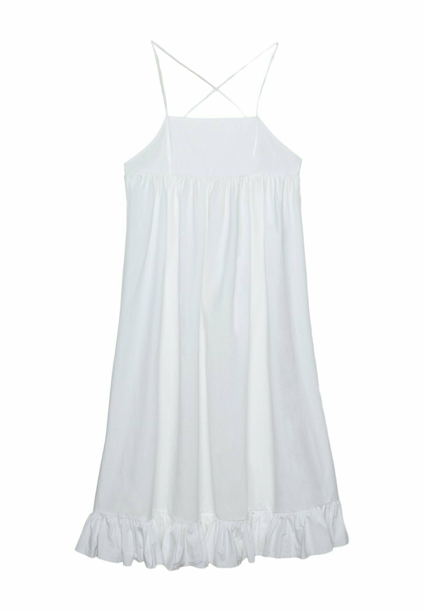Weißes, ärmelloses Kleid mit einem taillierten Oberteil, gerafftem Stoff und rüschengesäumtem Saum. Verfügt über dünne, gekreuzte Rückenträger. Hergestellt aus leichtem Material.