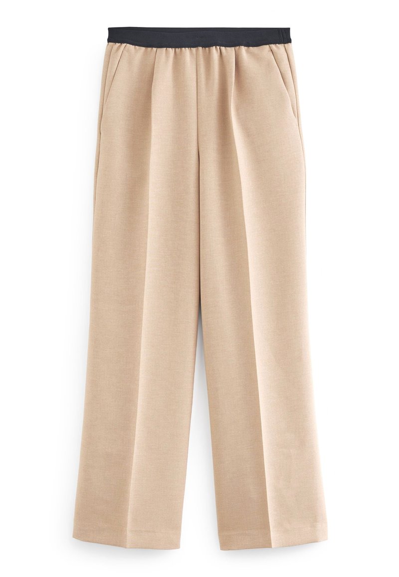 Beige gerade geschnittene Hose mit schwarzem elastischem Bund und seitlichen Taschen, aus glattem Stoff gefertigt.