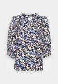 Blumenbluse aus leichtem Stoff mit einem mehrfarbigen Muster in Blau, Schwarz und Pfirsich, Puffärmel und Rundhalsausschnitt.