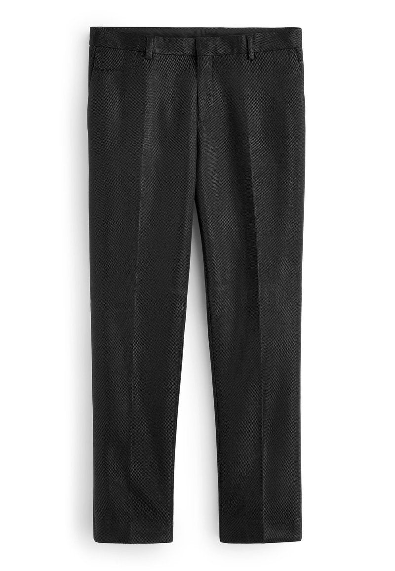 Schwarze Hose aus strukturiertem Material, mit geradem Beinschnitt und Bügelfalten. Der Taillenbund verfügt über Gürtelschlaufen und einen Reißverschluss vorne.