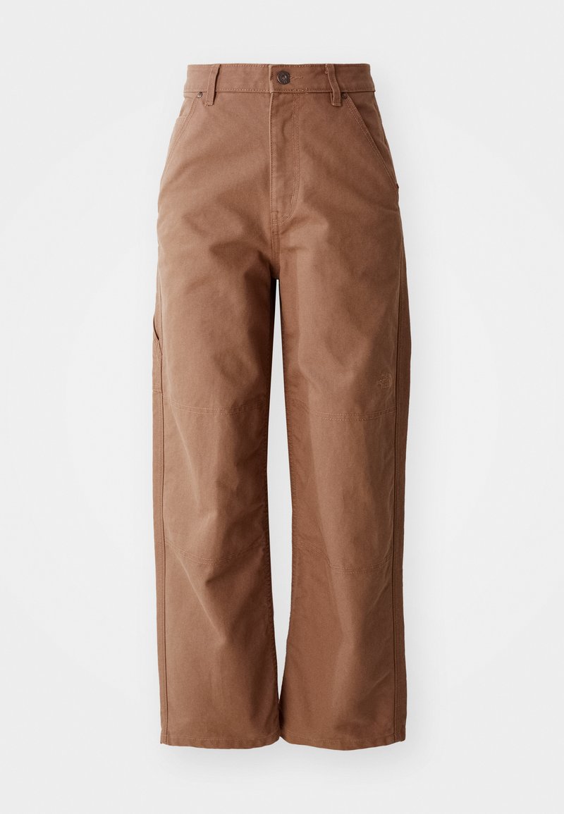 Braune weit geschnittene Hose aus robustem Stoff. Sie hat einen hohen Taillenbund, vordere Taschen und dezente Nahtdetails.