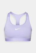 Lila Sport-BH aus glattem Stoff, mit Racerback-Design und einem weißen Nike-Logo auf der Vorderseite.