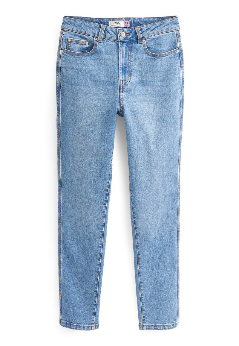Helle blaue Denim-Jeans mit mittelhoher Taille, fünf Taschen und sichtbaren Nähten. Gerader Schnitt, glatte Textur und keine Verz embellungen.