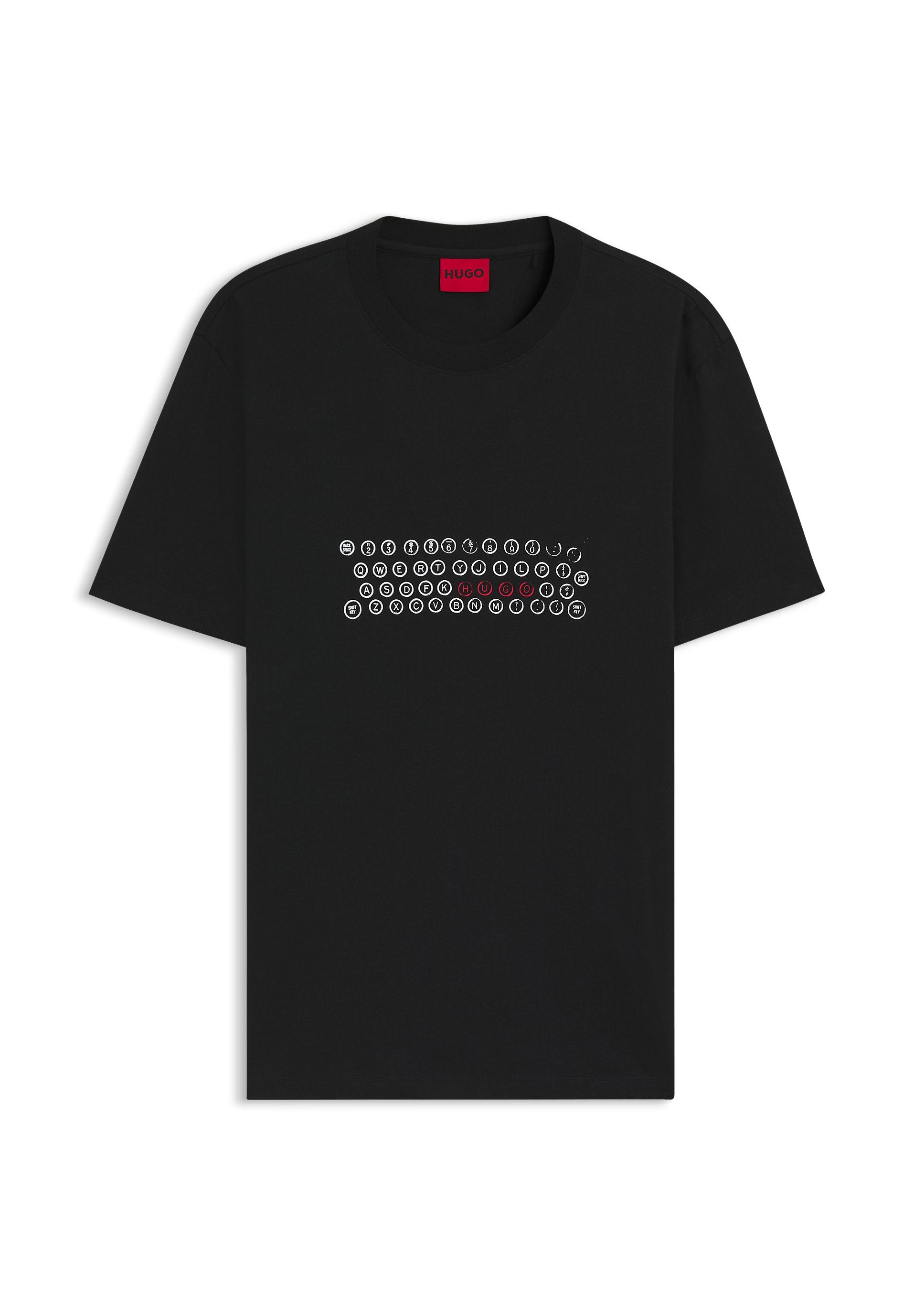 Schwarzes Baumwoll-T-Shirt mit einem Motiv aus Tastaturtasten in Weiß und Rot. Klassisches Rundhalsshirt mit kurzen Ärmeln.