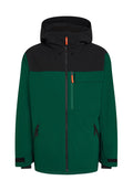 Grüne und schwarze Jacke mit Kapuze, ausgestattet mit einem Frontreißverschluss, einer Brusttasche und seitlichen Reißverschlusstaschen; aus einem glatten, strapazierfähigen Material für den Außenbereich.