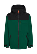 Grüne und schwarze Jacke mit Kapuze, ausgestattet mit einem Frontreißverschluss, einer Brusttasche und seitlichen Reißverschlusstaschen; aus einem glatten, strapazierfähigen Material für den Außenbereich.