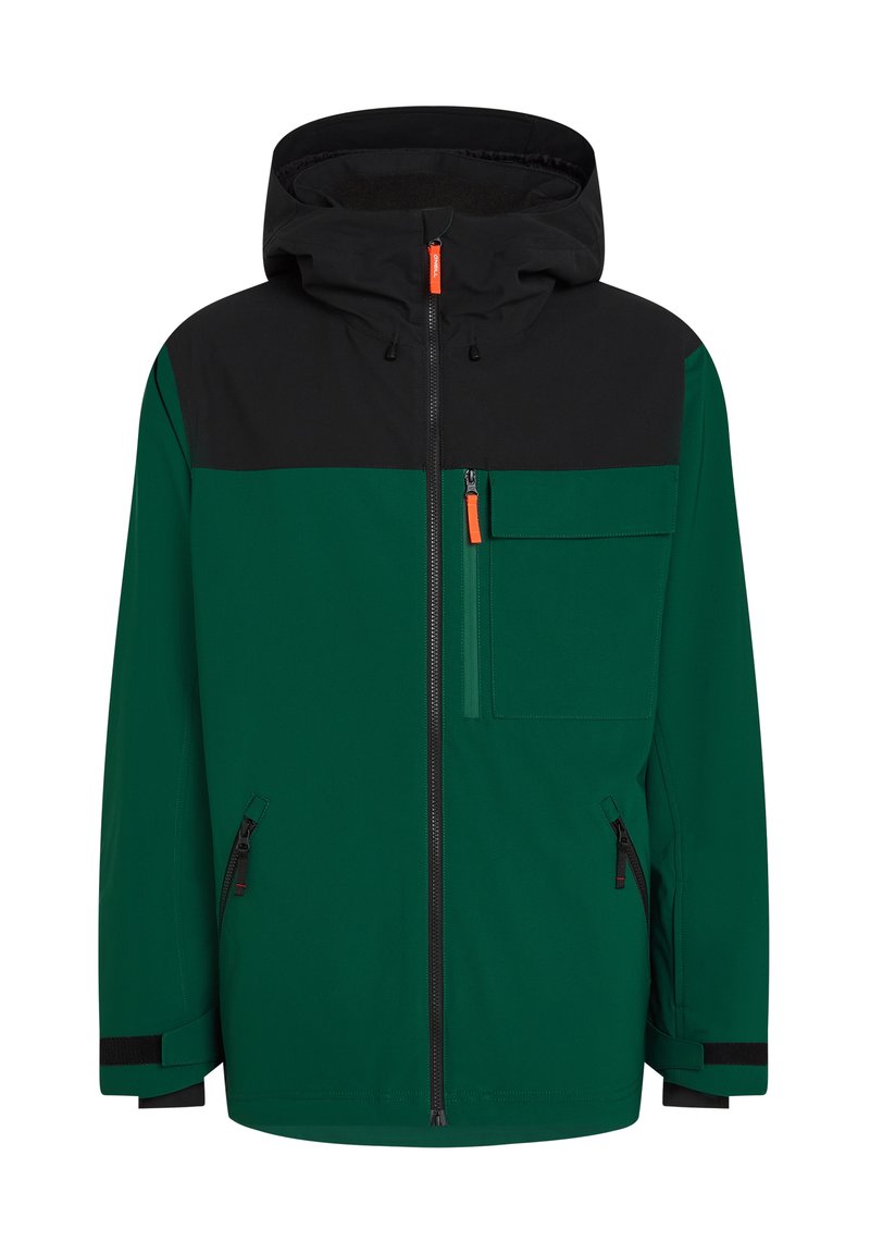 Grüne und schwarze Jacke mit Kapuze, ausgestattet mit einem Frontreißverschluss, einer Brusttasche und seitlichen Reißverschlusstaschen; aus einem glatten, strapazierfähigen Material für den Außenbereich.