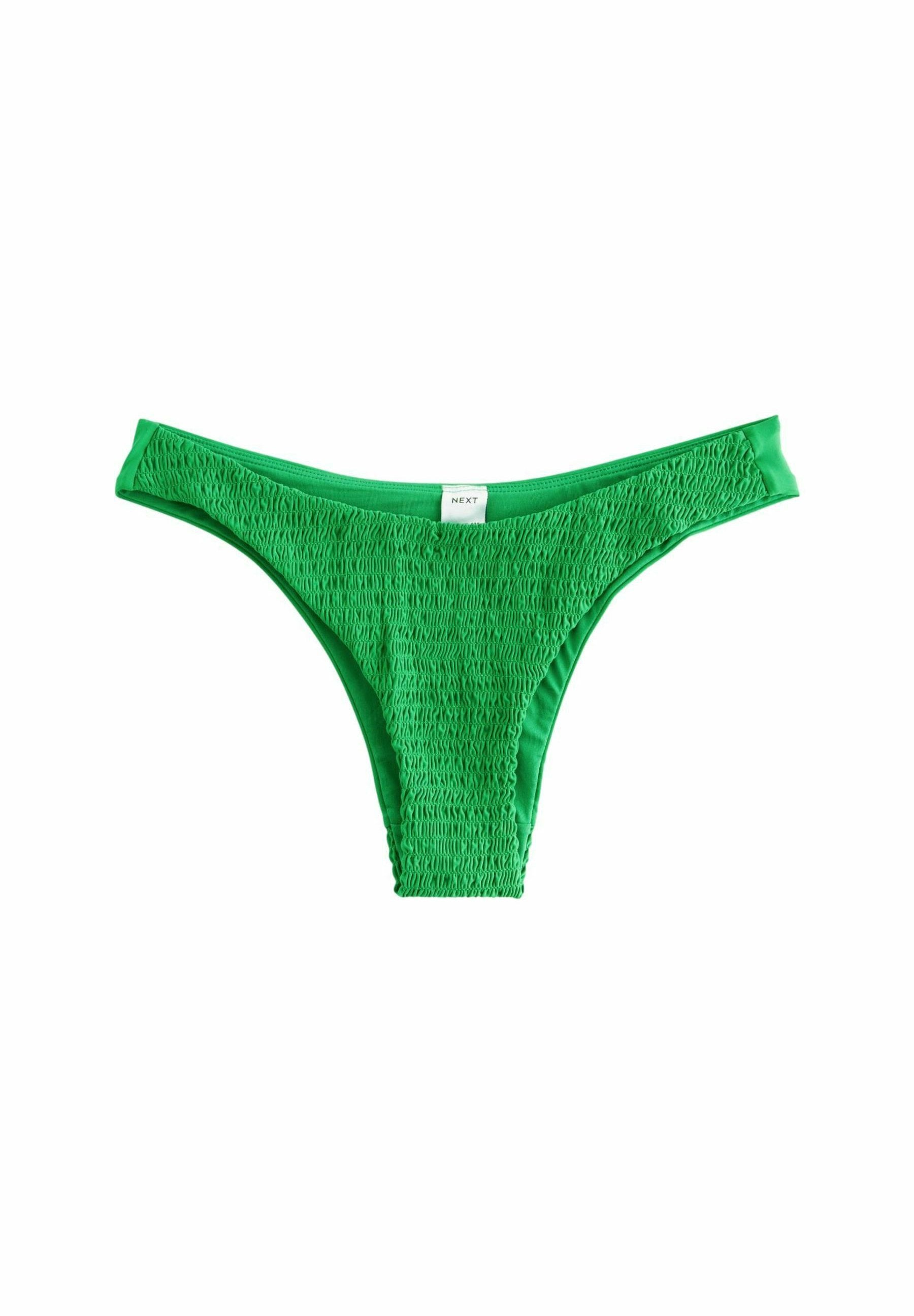 Grüner Bikini-Unterteil mit strukturiertem Smocking-Design. Verfügt über eine tief sitzende Taille und dünne Seitenträger für minimale Bedeckung.